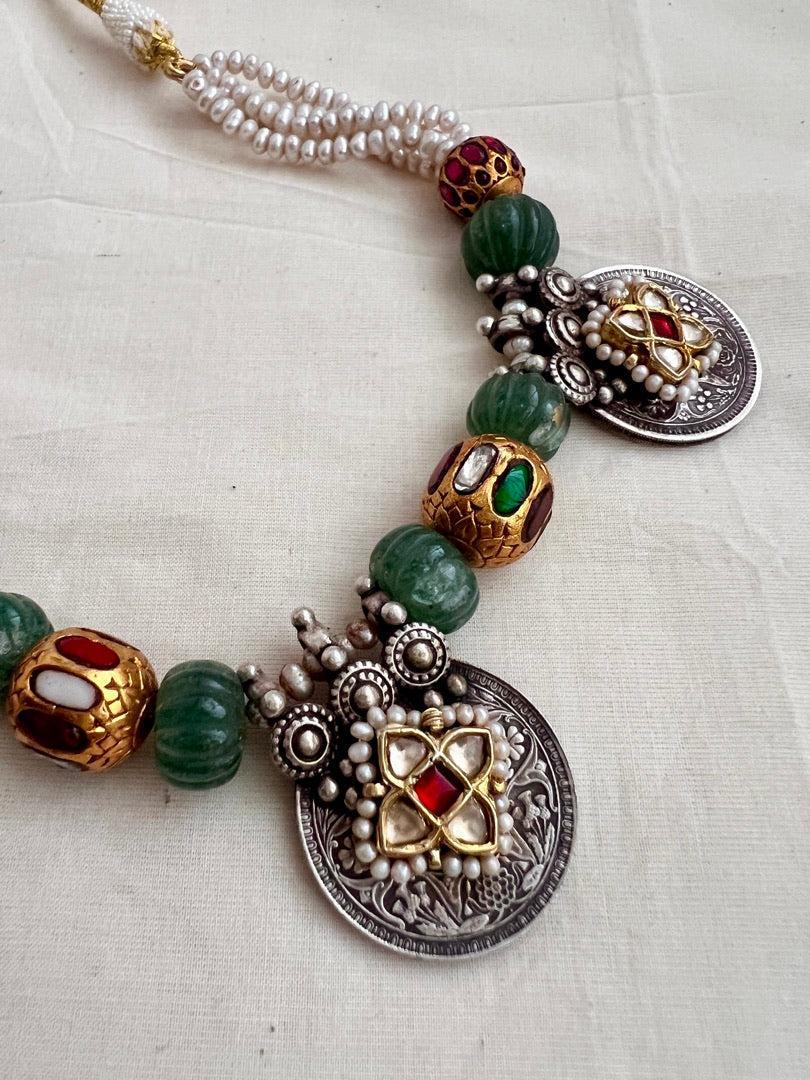 Dual tone antique style pendants stringed with pearls, jade and navrathan beads-Silver Neckpiece-CI-House of Taamara