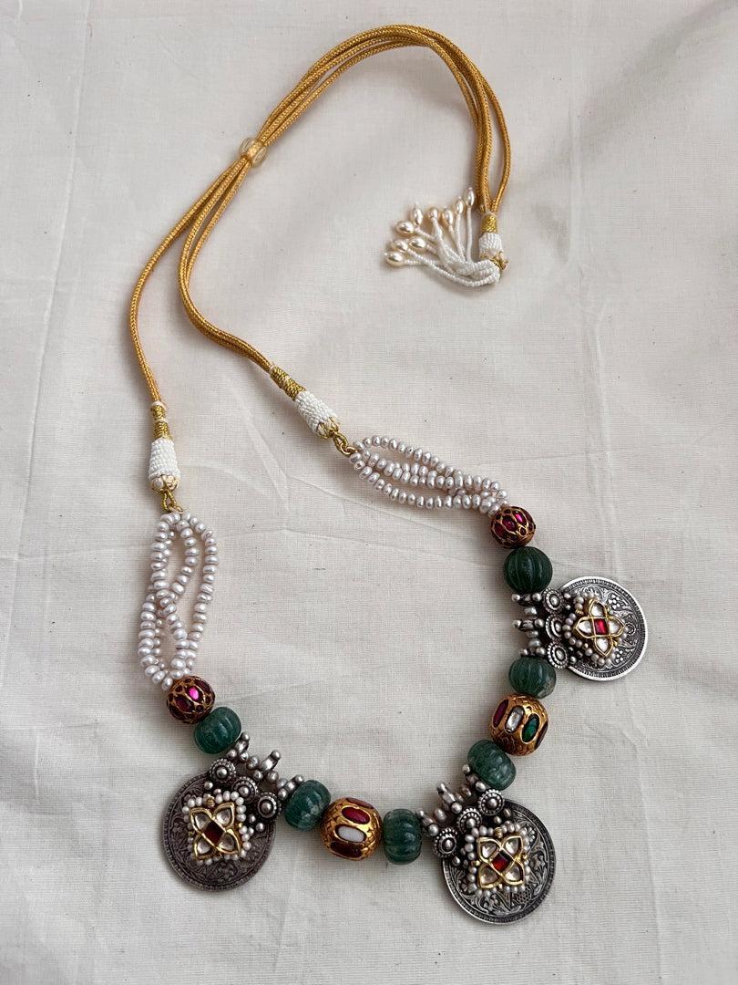 Dual tone antique style pendants stringed with pearls, jade and navrathan beads-Silver Neckpiece-CI-House of Taamara