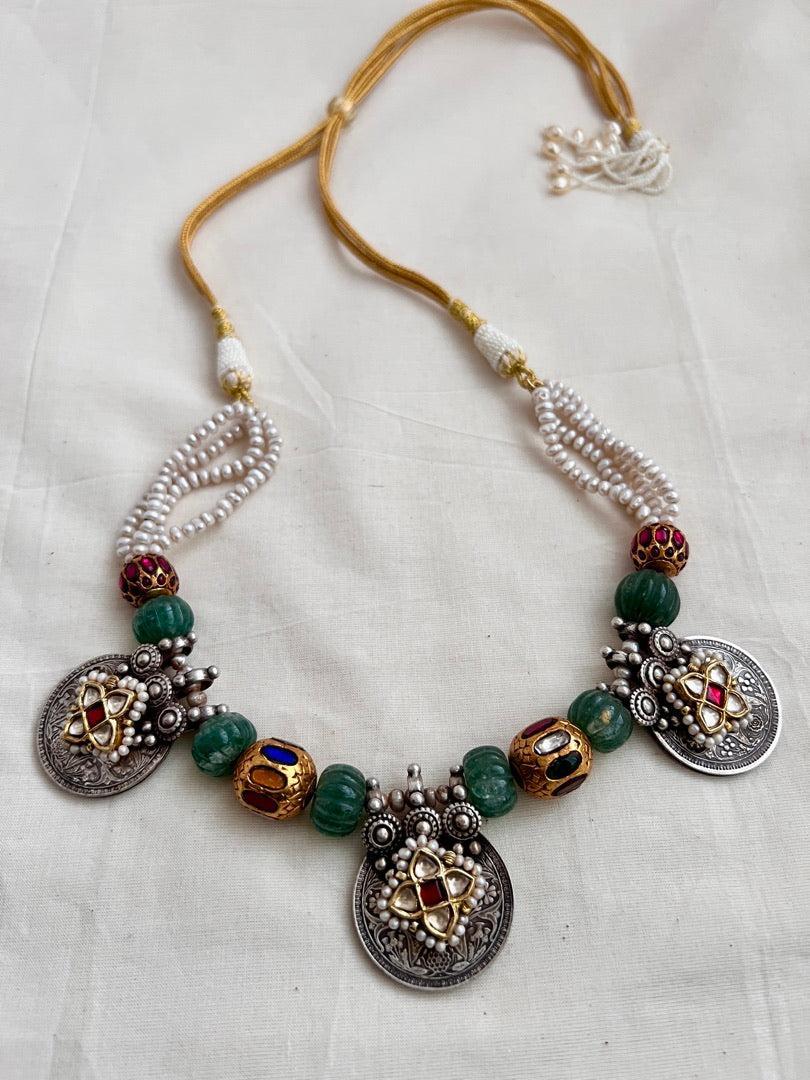 Dual tone antique style pendants stringed with pearls, jade and navrathan beads-Silver Neckpiece-CI-House of Taamara