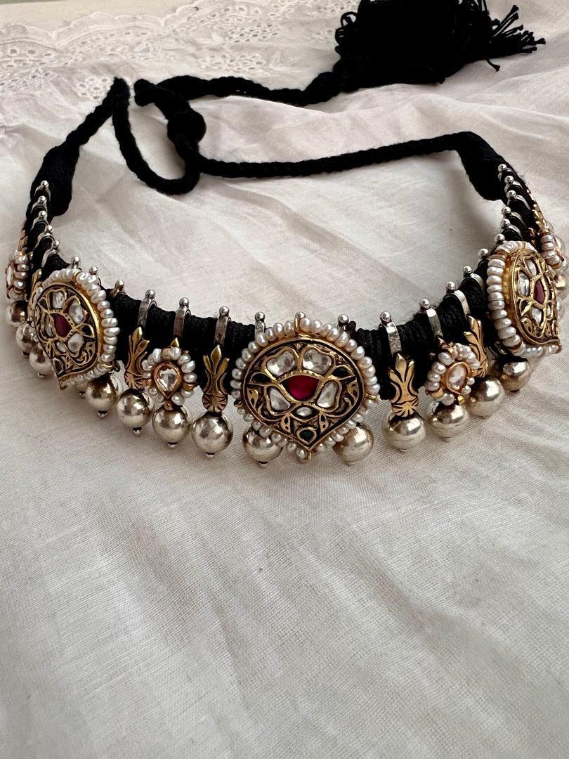 Dual tone black threaded necklace with kundan motifs-Silver Neckpiece-CI-House of Taamara