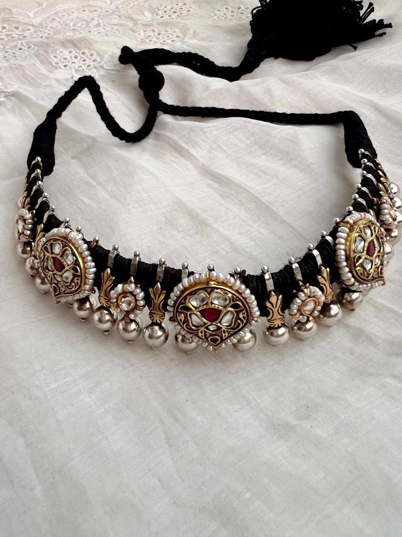 Dual tone black threaded necklace with kundan motifs-Silver Neckpiece-CI-House of Taamara
