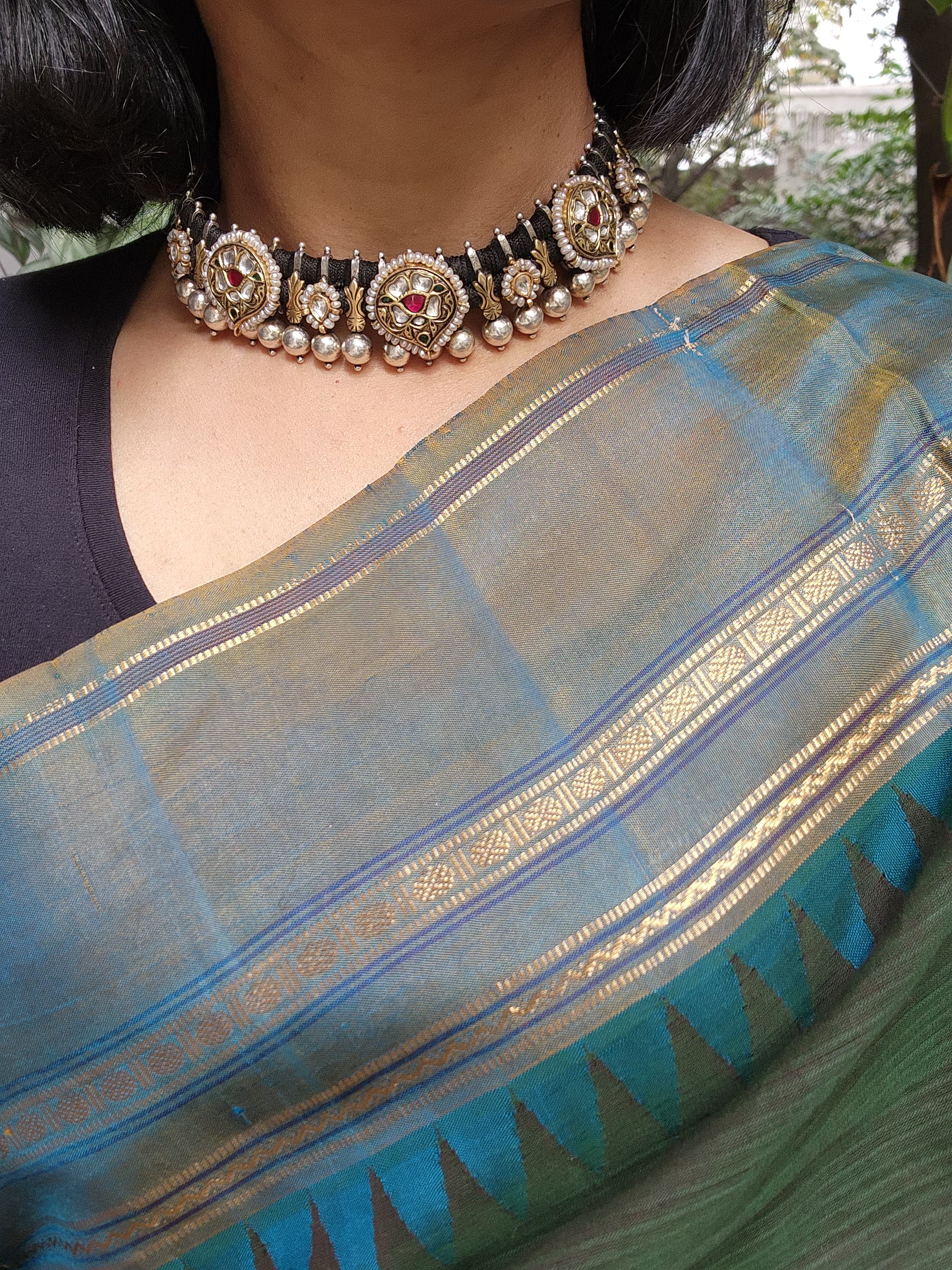 Dual tone black threaded necklace with kundan motifs-Silver Neckpiece-CI-House of Taamara