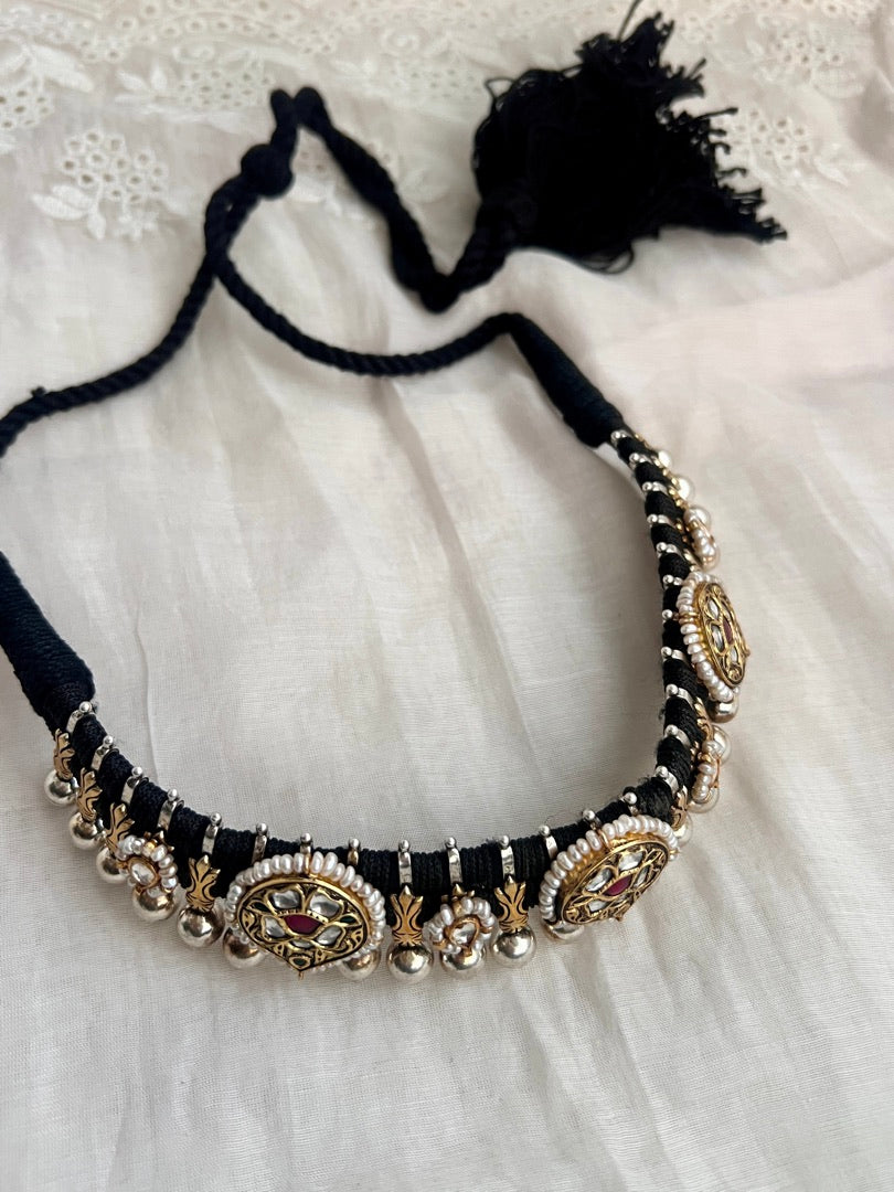 Dual tone black threaded necklace with kundan motifs-Silver Neckpiece-CI-House of Taamara
