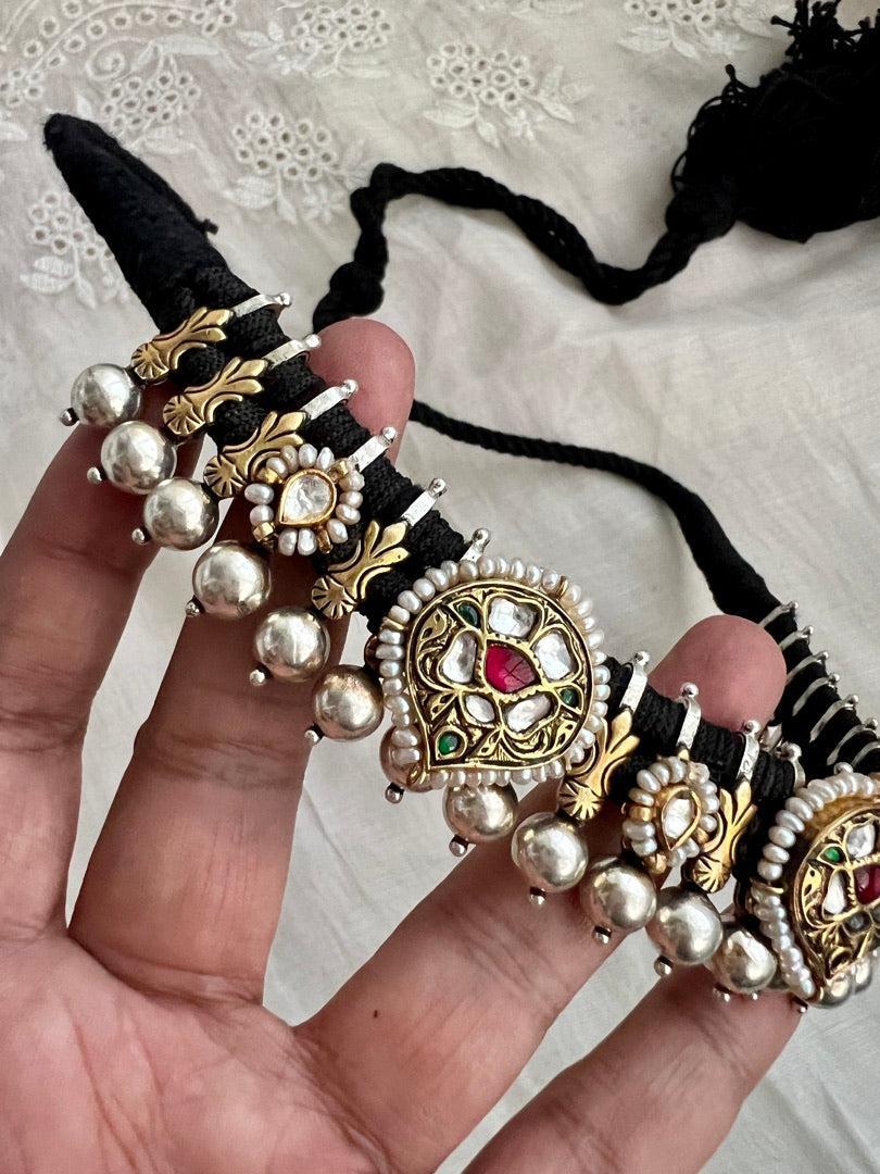 Dual tone black threaded necklace with kundan motifs-Silver Neckpiece-CI-House of Taamara