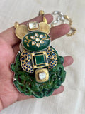 Dual tone carved green stone wih kundan inlay pendant & blue kundan peacock, statement necklace-Silver Neckpiece-CI-House of Taamara
