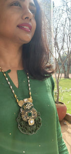 Dual tone carved green stone wih kundan inlay pendant & blue kundan peacock, statement necklace-Silver Neckpiece-CI-House of Taamara