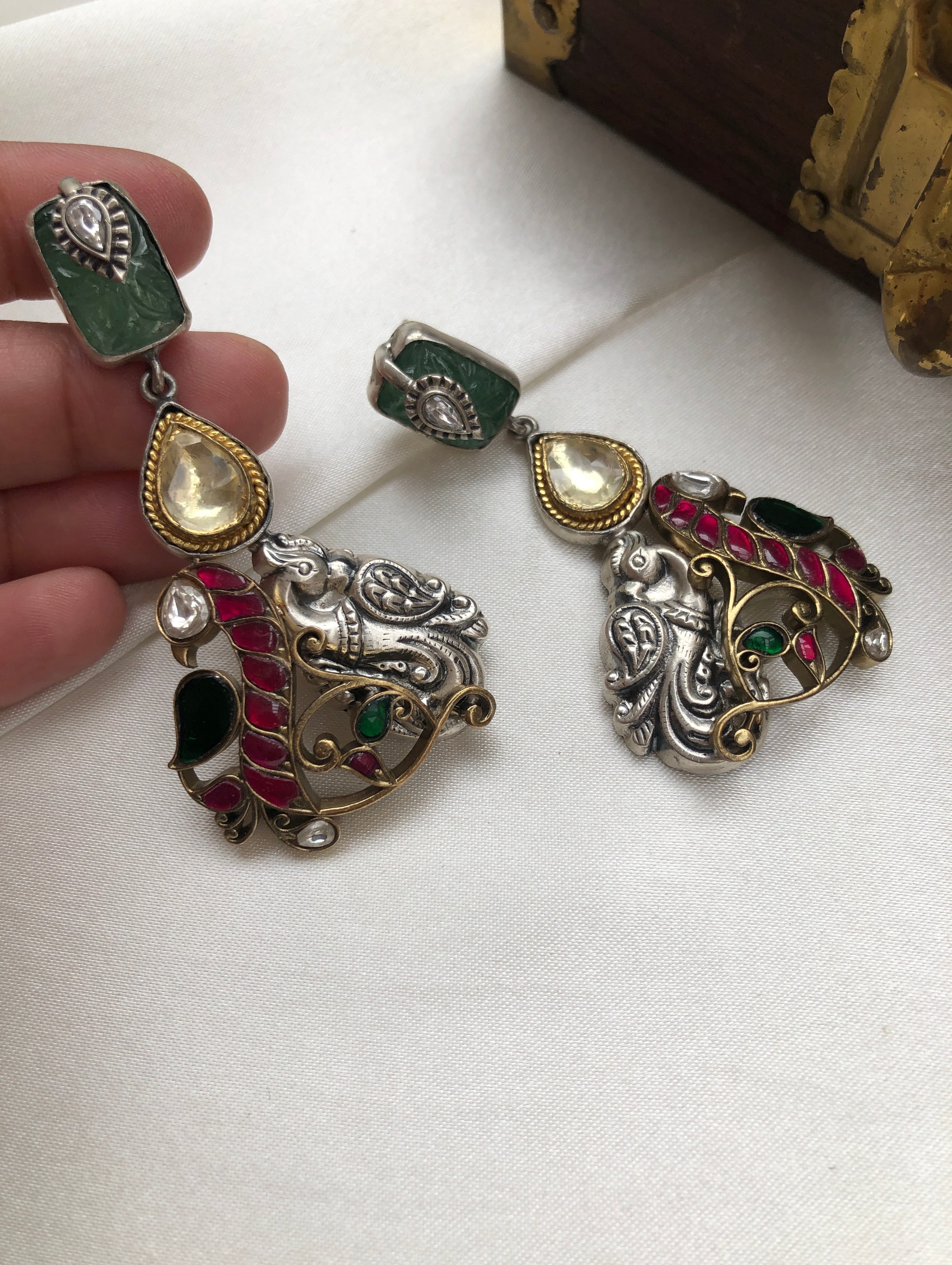 Dual tone earrings with kundan & green stones-Earrings-PL-House of Taamara