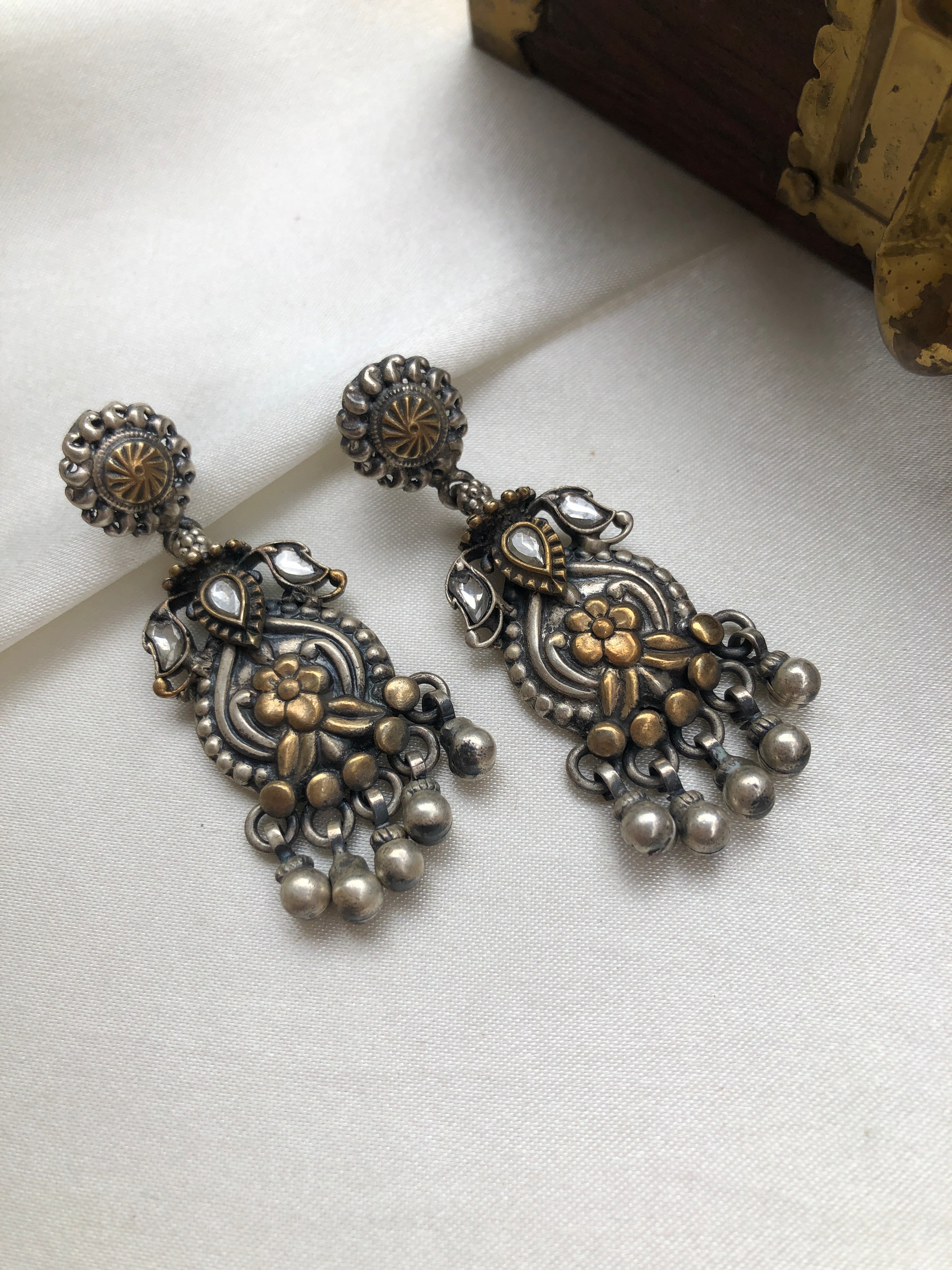 Dual tone earrings with silver beads-Earrings-PL-House of Taamara