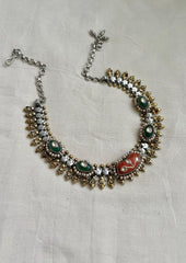 Dual tone fusion necklace with kundan inlay work on corals & emeralds-Silver Neckpiece-CI-House of Taamara