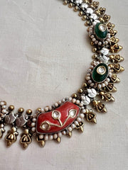 Dual tone fusion necklace with kundan inlay work on corals & emeralds-Silver Neckpiece-CI-House of Taamara