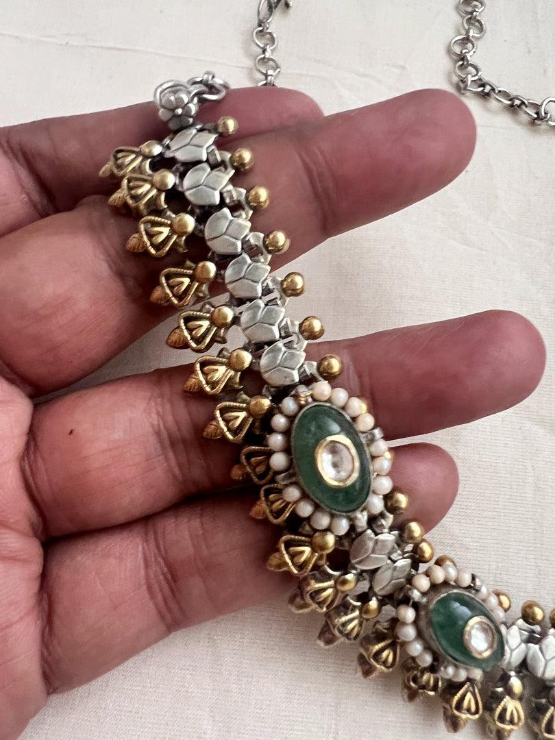 Dual tone fusion necklace with kundan inlay work on corals & emeralds-Silver Neckpiece-CI-House of Taamara
