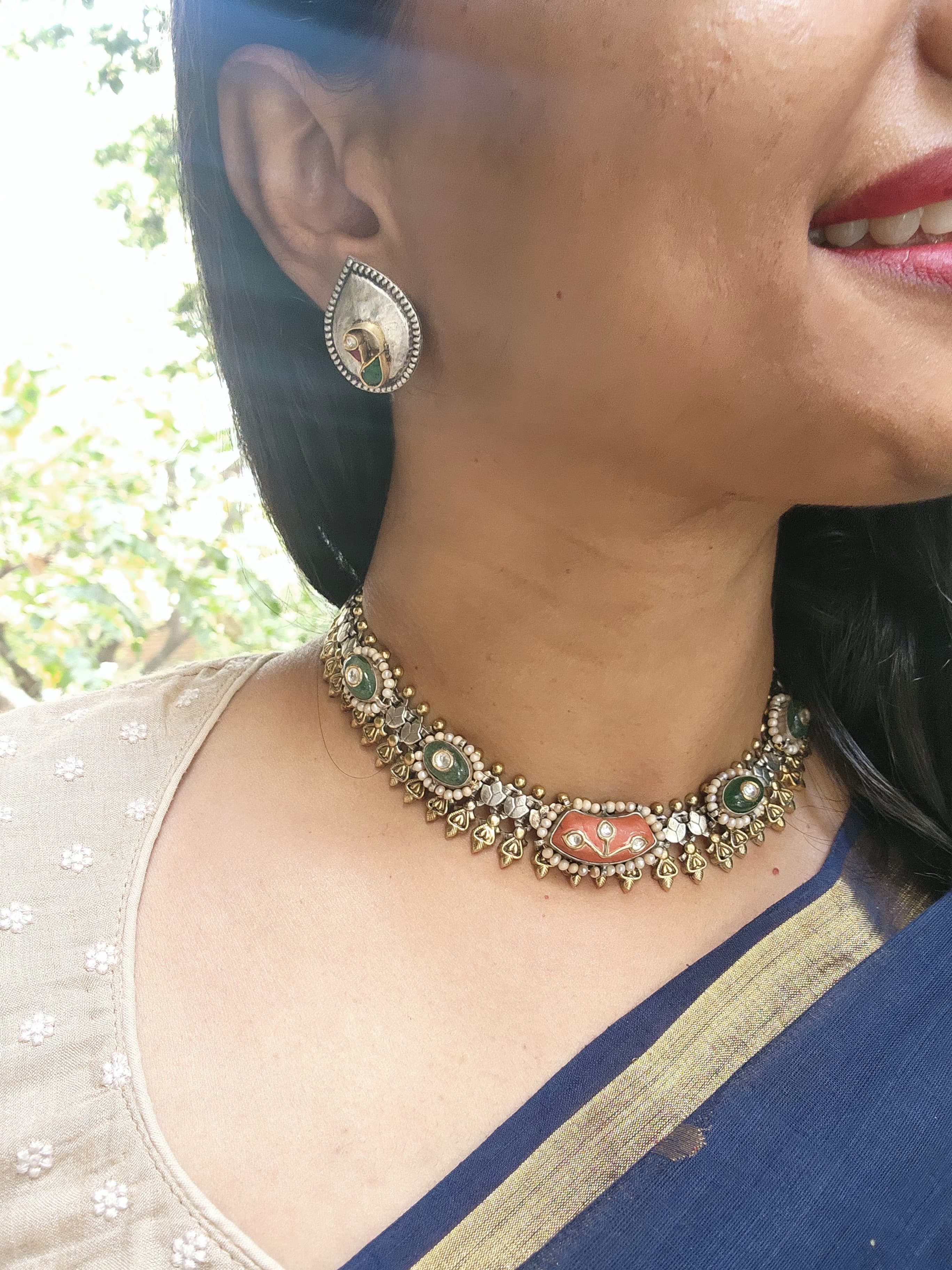 Dual tone fusion necklace with kundan inlay work on corals & emeralds-Silver Neckpiece-CI-House of Taamara