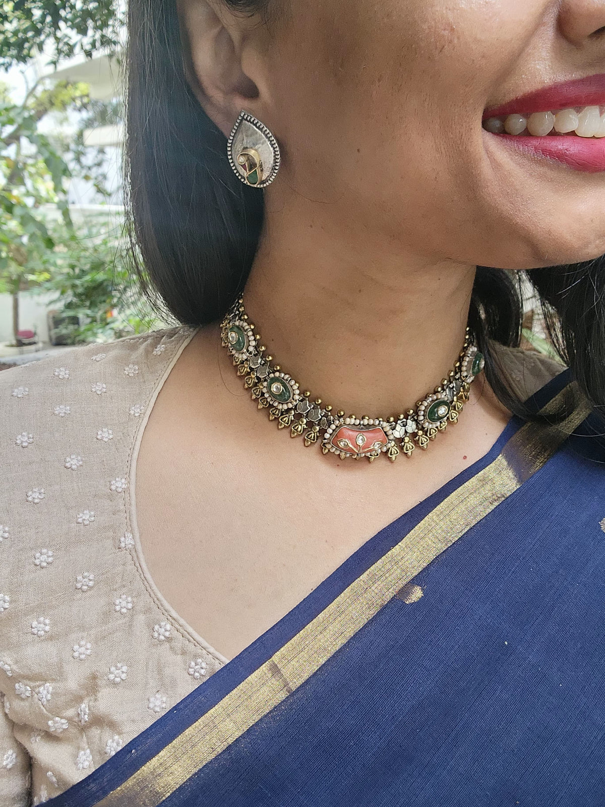 Dual tone fusion necklace with kundan inlay work on corals & emeralds-Silver Neckpiece-CI-House of Taamara