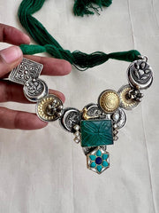 Dual tone fusion necklace with turquoise & carved green stones-Silver Neckpiece-CI-House of Taamara