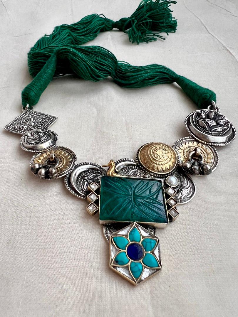 Dual tone fusion necklace with turquoise & carved green stones-Silver Neckpiece-CI-House of Taamara