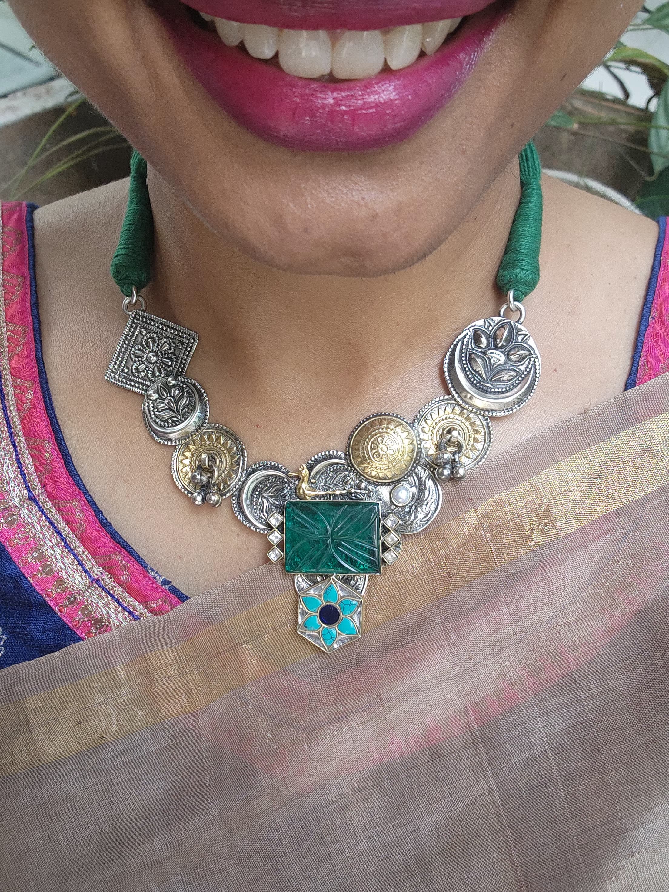 Dual tone fusion necklace with turquoise & carved green stones-Silver Neckpiece-CI-House of Taamara