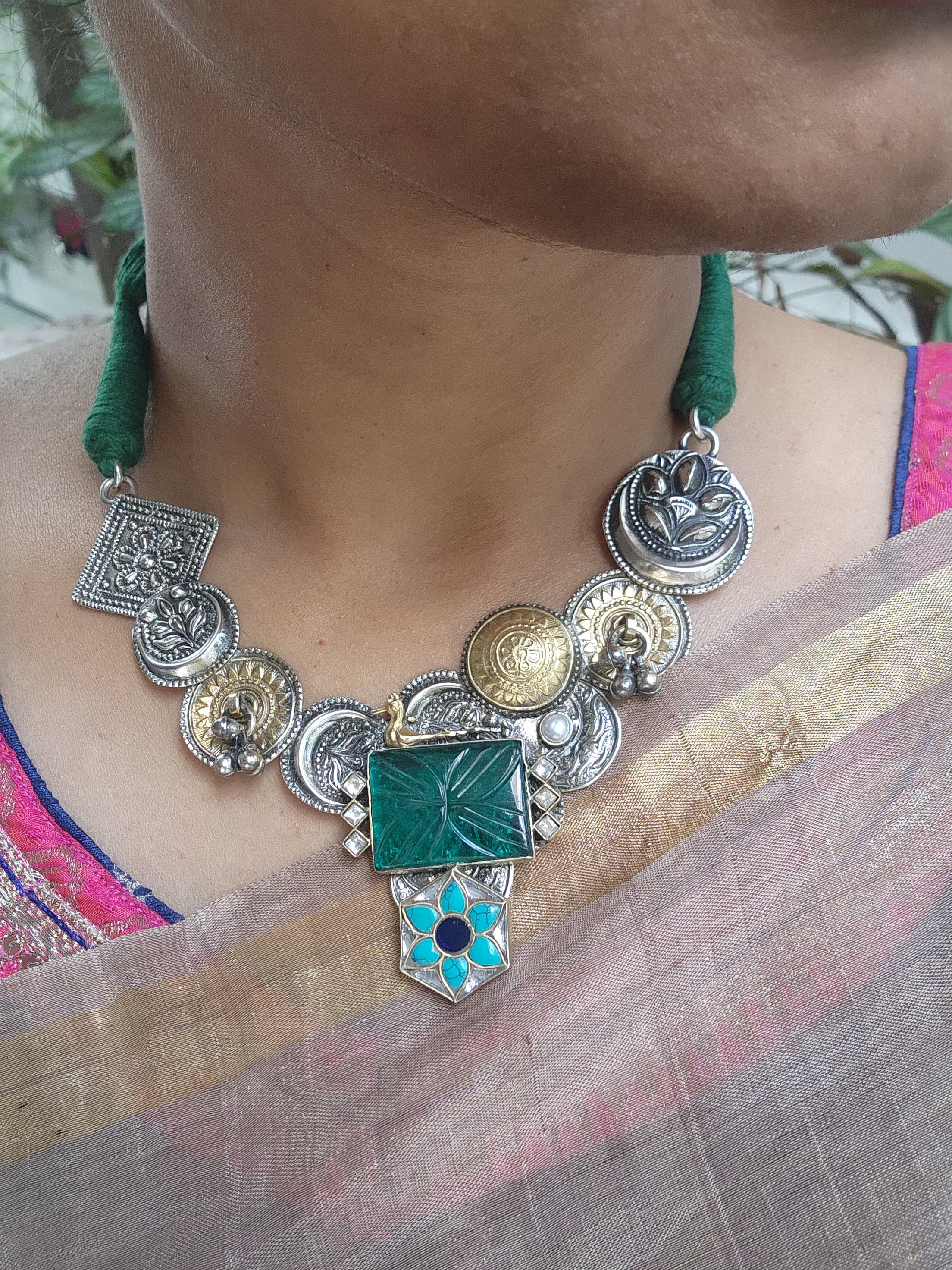 Dual tone fusion necklace with turquoise & carved green stones-Silver Neckpiece-CI-House of Taamara