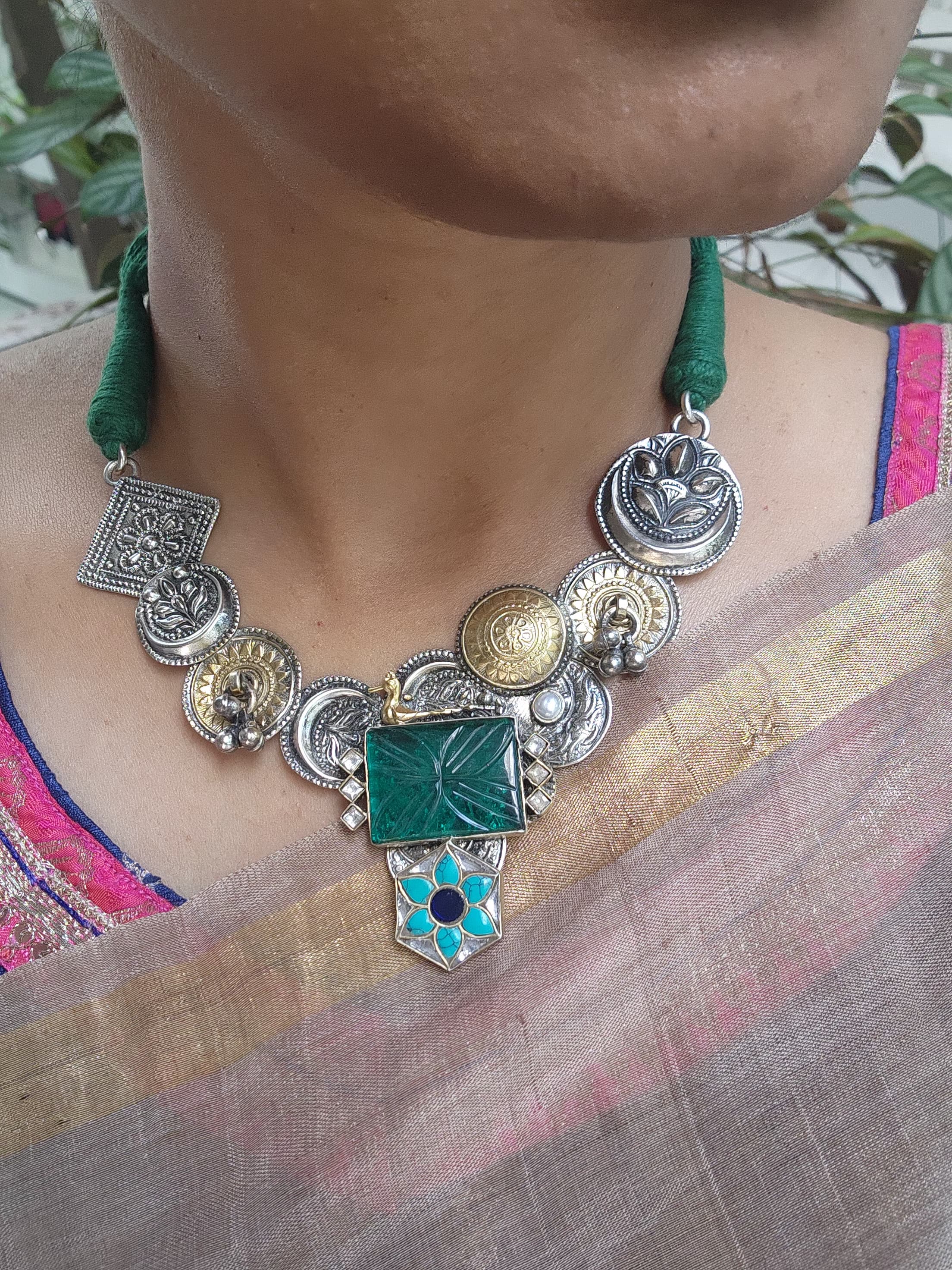 Dual tone fusion necklace with turquoise & carved green stones-Silver Neckpiece-CI-House of Taamara