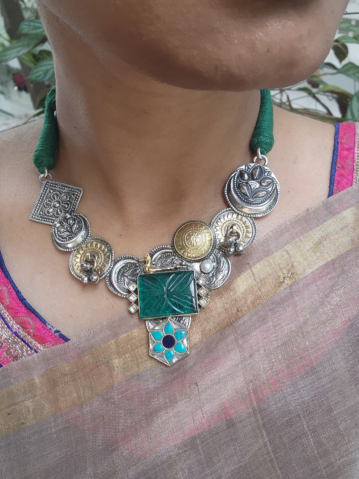 Dual tone fusion necklace with turquoise & carved green stones-Silver Neckpiece-CI-House of Taamara