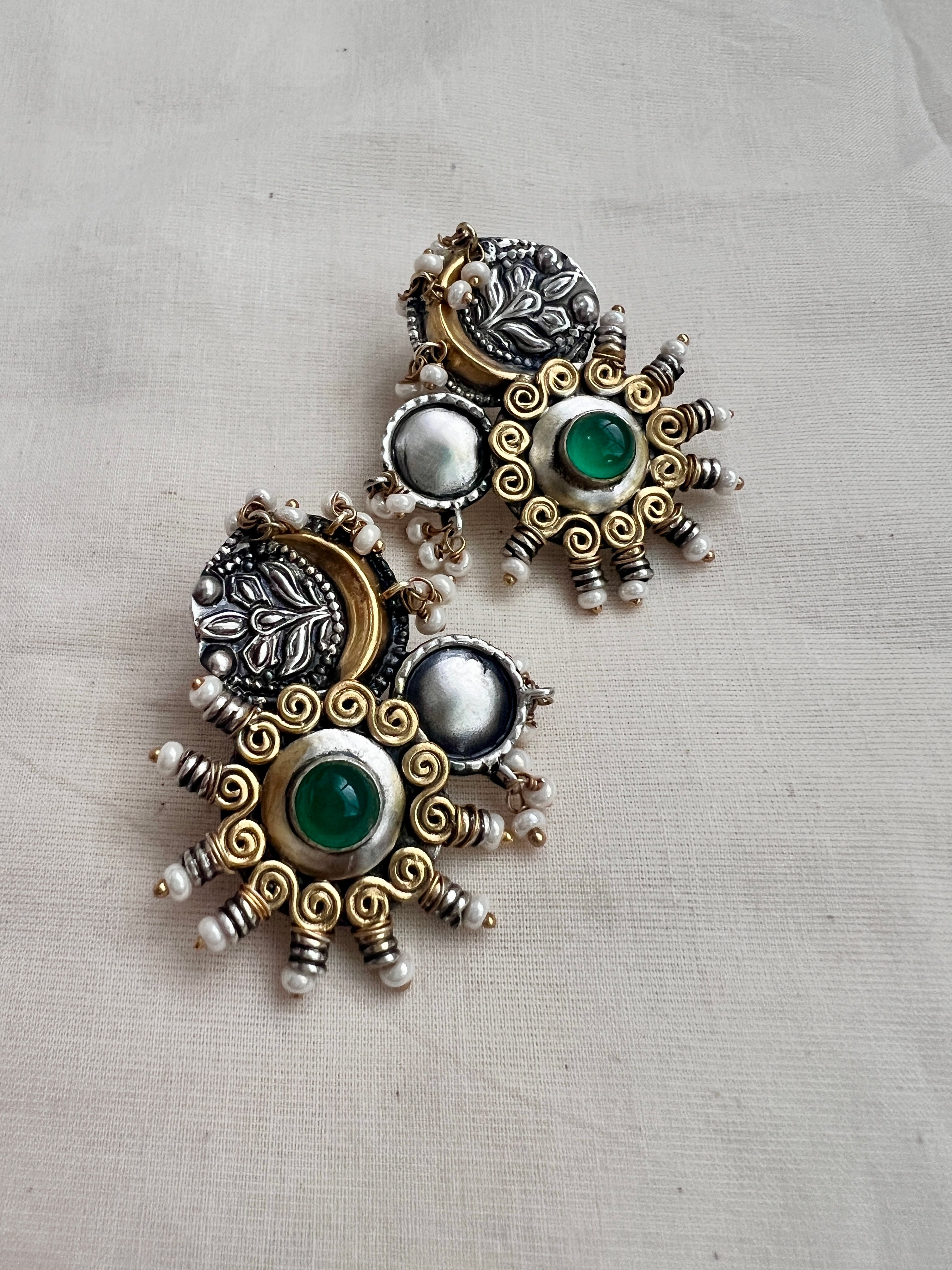 Dual tone green stone and pearl earrings-Earrings-CI-House of Taamara