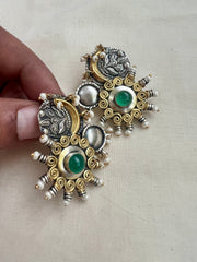 Dual tone green stone and pearl earrings-Earrings-CI-House of Taamara