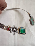 Dual tone hasli with kundan inlay work, jade stones and flowers-Silver Neckpiece-CI-House of Taamara