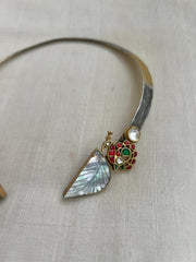Dual tone hasli with leaf shape mother of pearls & peacock motifs-Silver Neckpiece-CI-House of Taamara