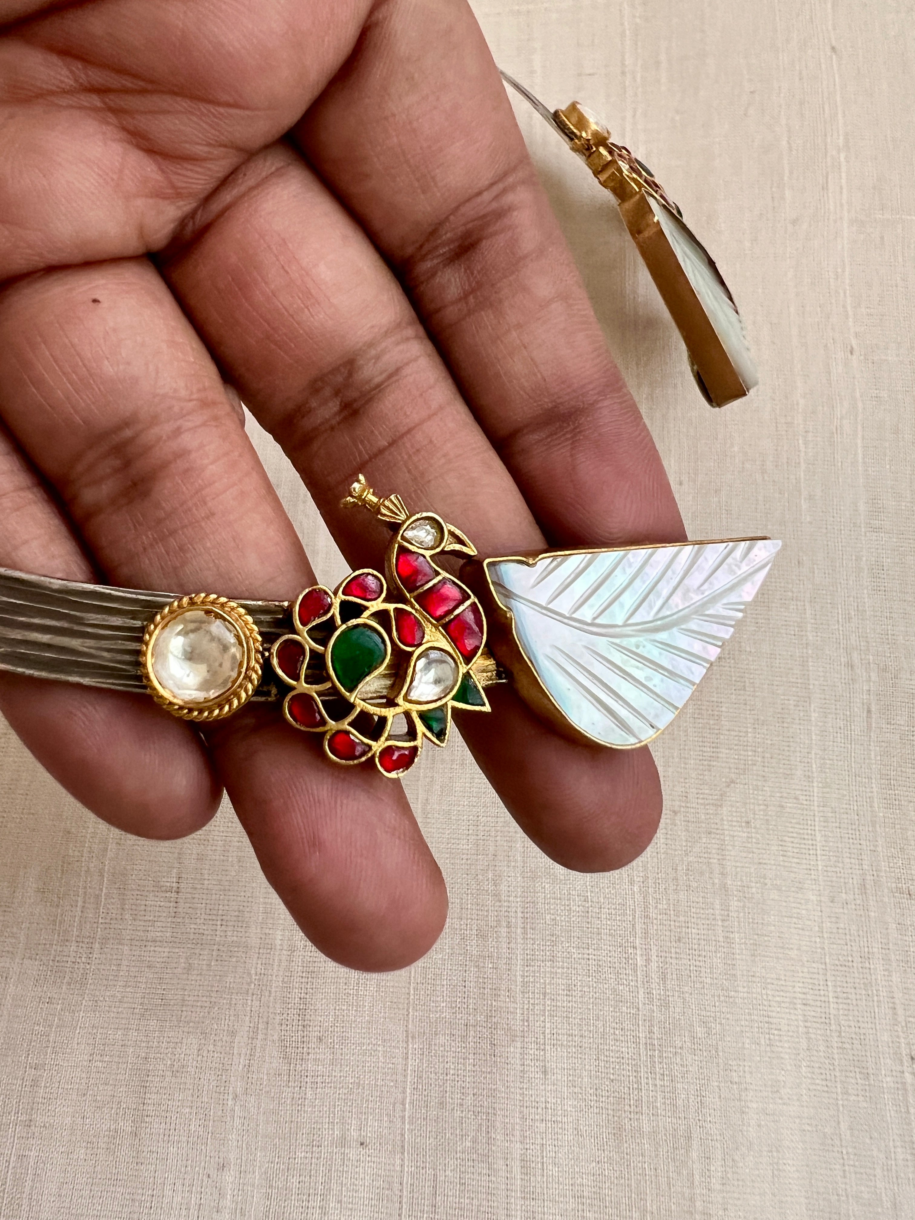 Dual tone hasli with leaf shape mother of pearls & peacock motifs-Silver Neckpiece-CI-House of Taamara