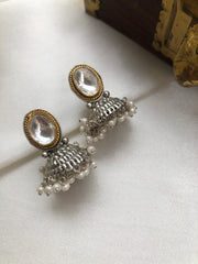 Dual tone jhumkas with kundan & pearls bunch-Earrings-PL-House of Taamara