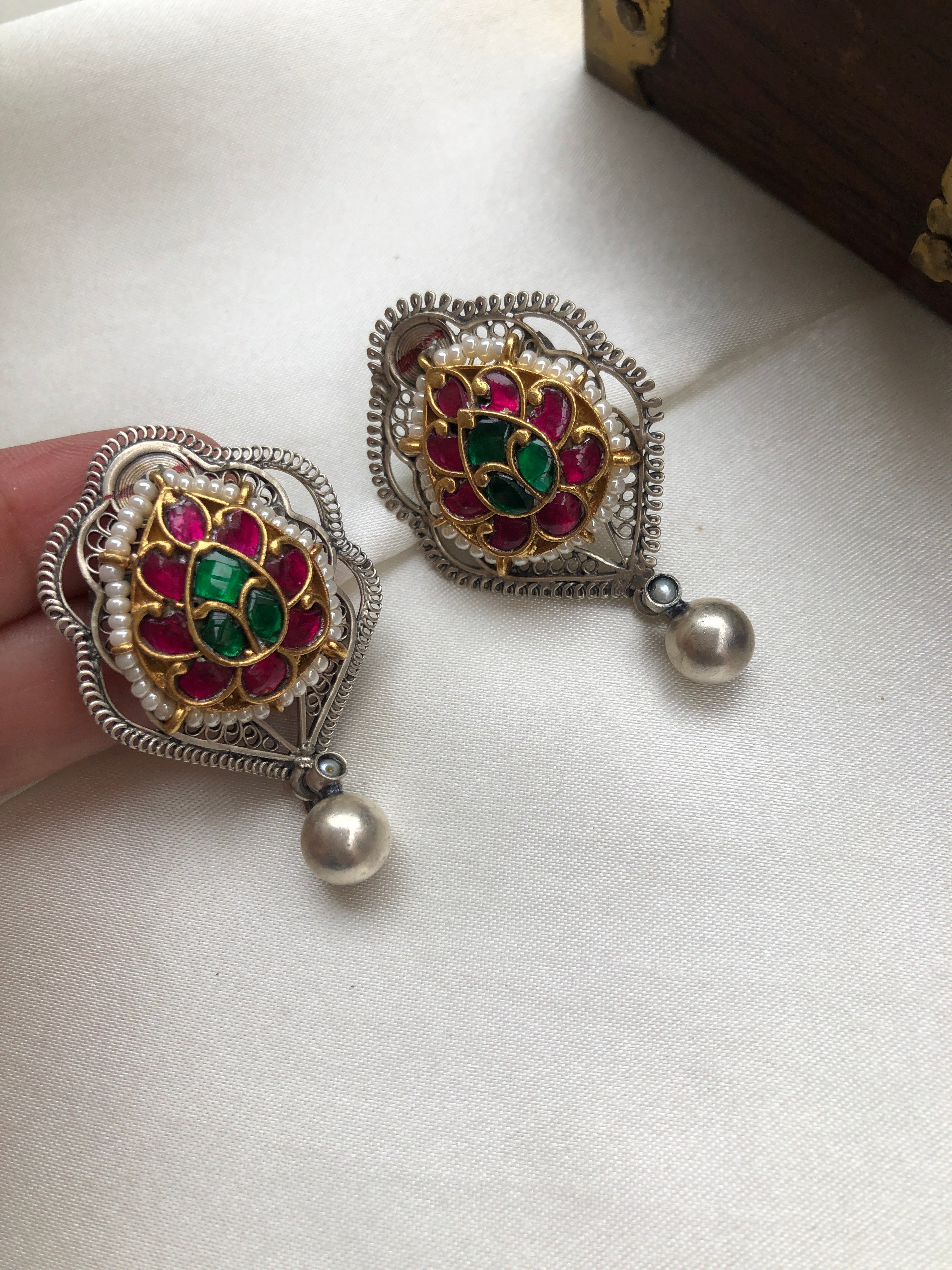 Dual tone kundan earrings with gundu ball drop-Earrings-PL-House of Taamara