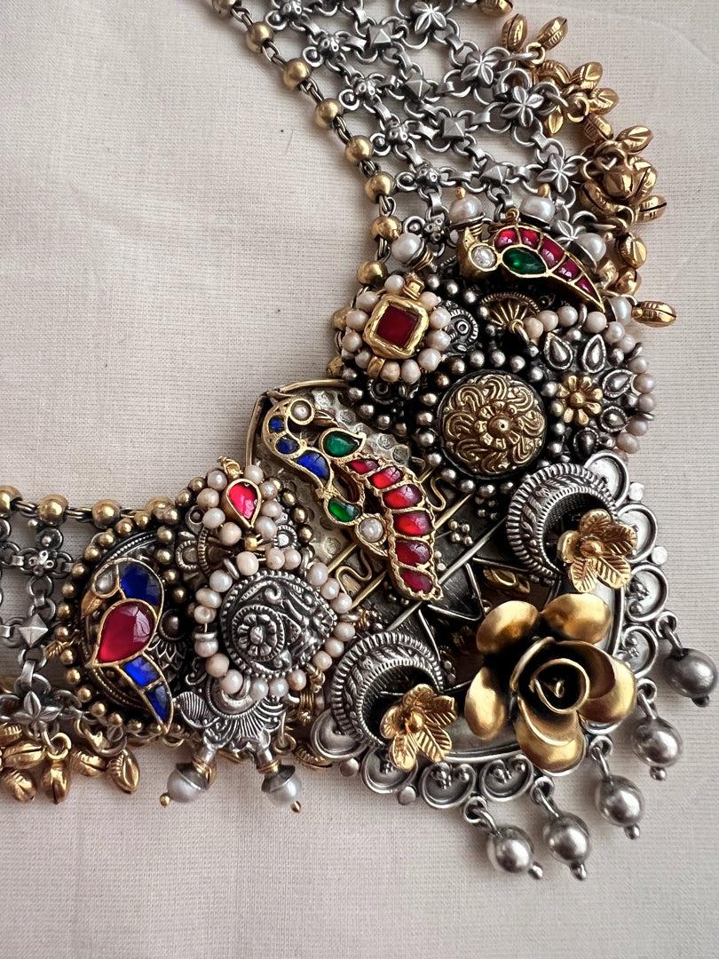 Dual tone kundan fusion necklace with kundan, ruby & emerald & pearls-Silver Neckpiece-CI-House of Taamara