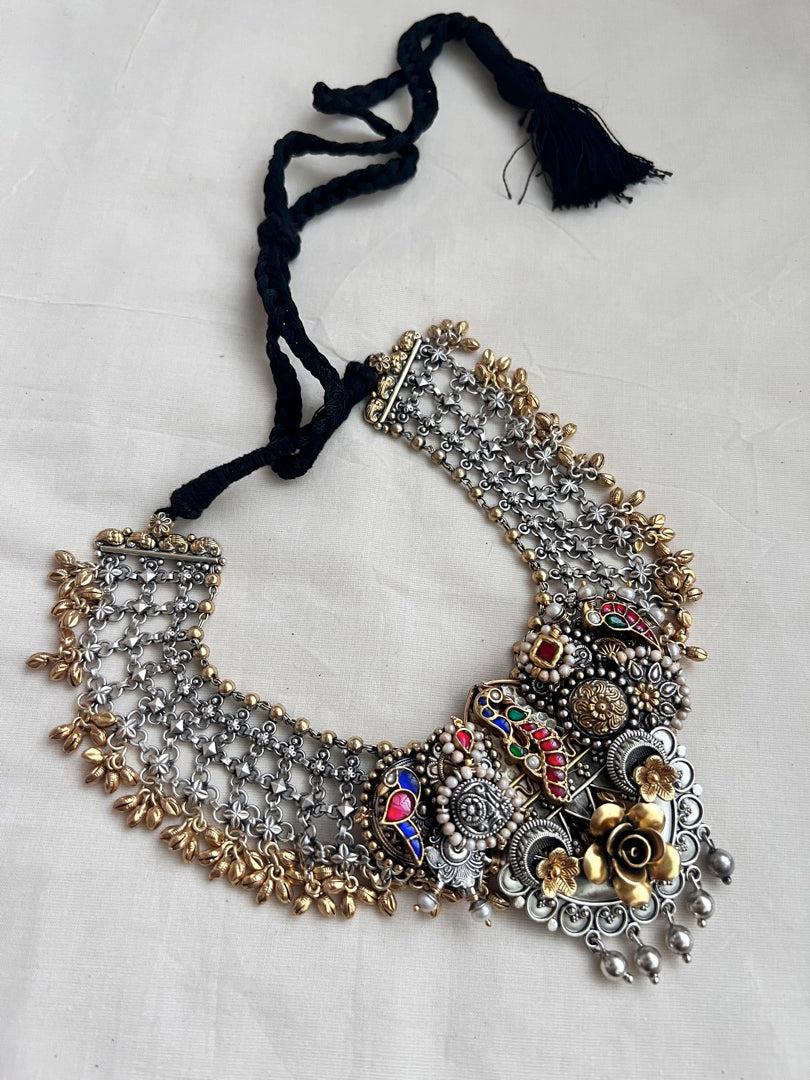 Dual tone kundan fusion necklace with kundan, ruby & emerald & pearls-Silver Neckpiece-CI-House of Taamara