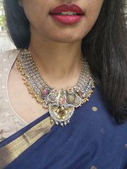Dual tone kundan fusion necklace with kundan, ruby & emerald & pearls-Silver Neckpiece-CI-House of Taamara