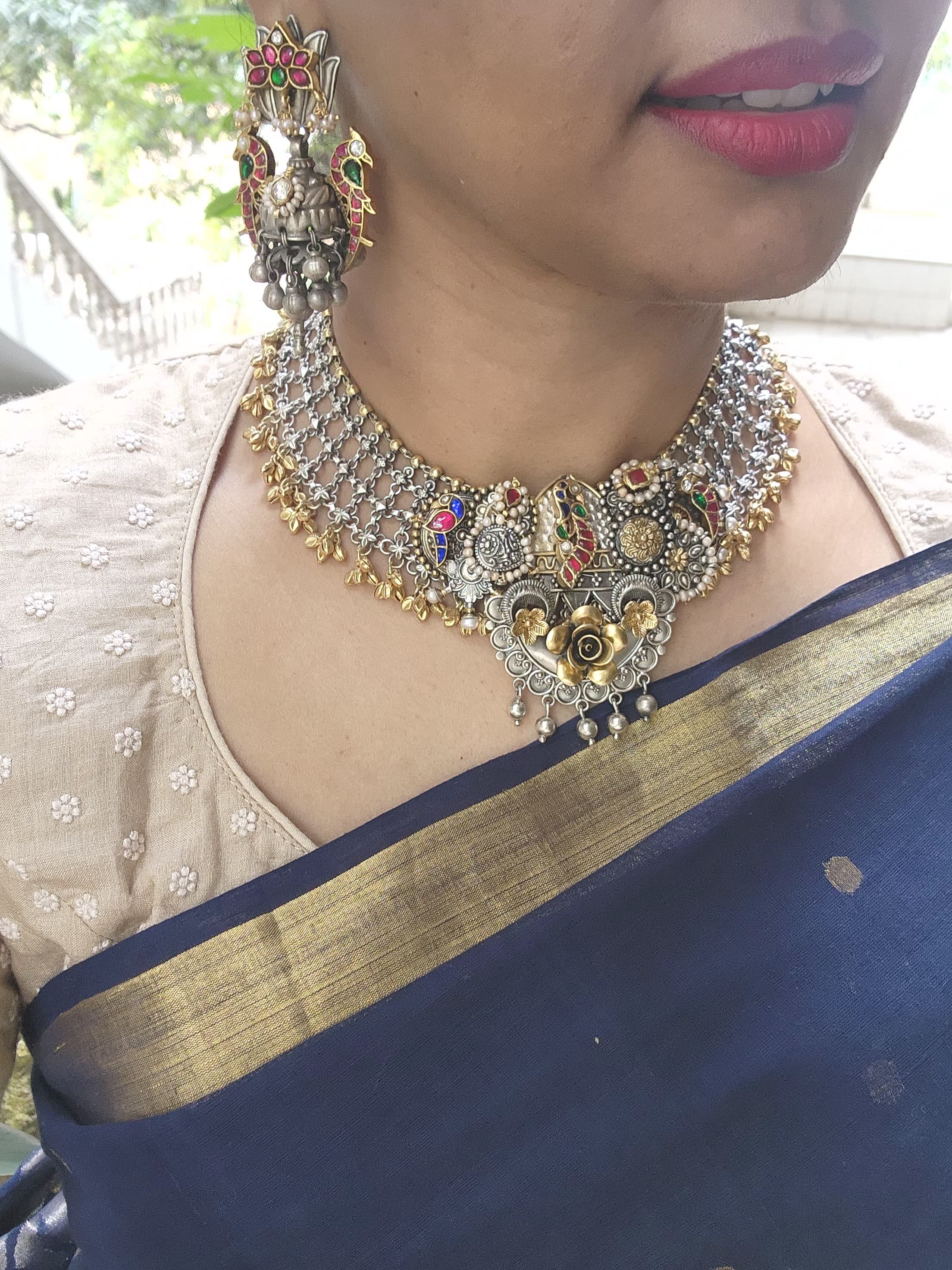 Dual tone kundan fusion necklace with kundan, ruby & emerald & pearls-Silver Neckpiece-CI-House of Taamara