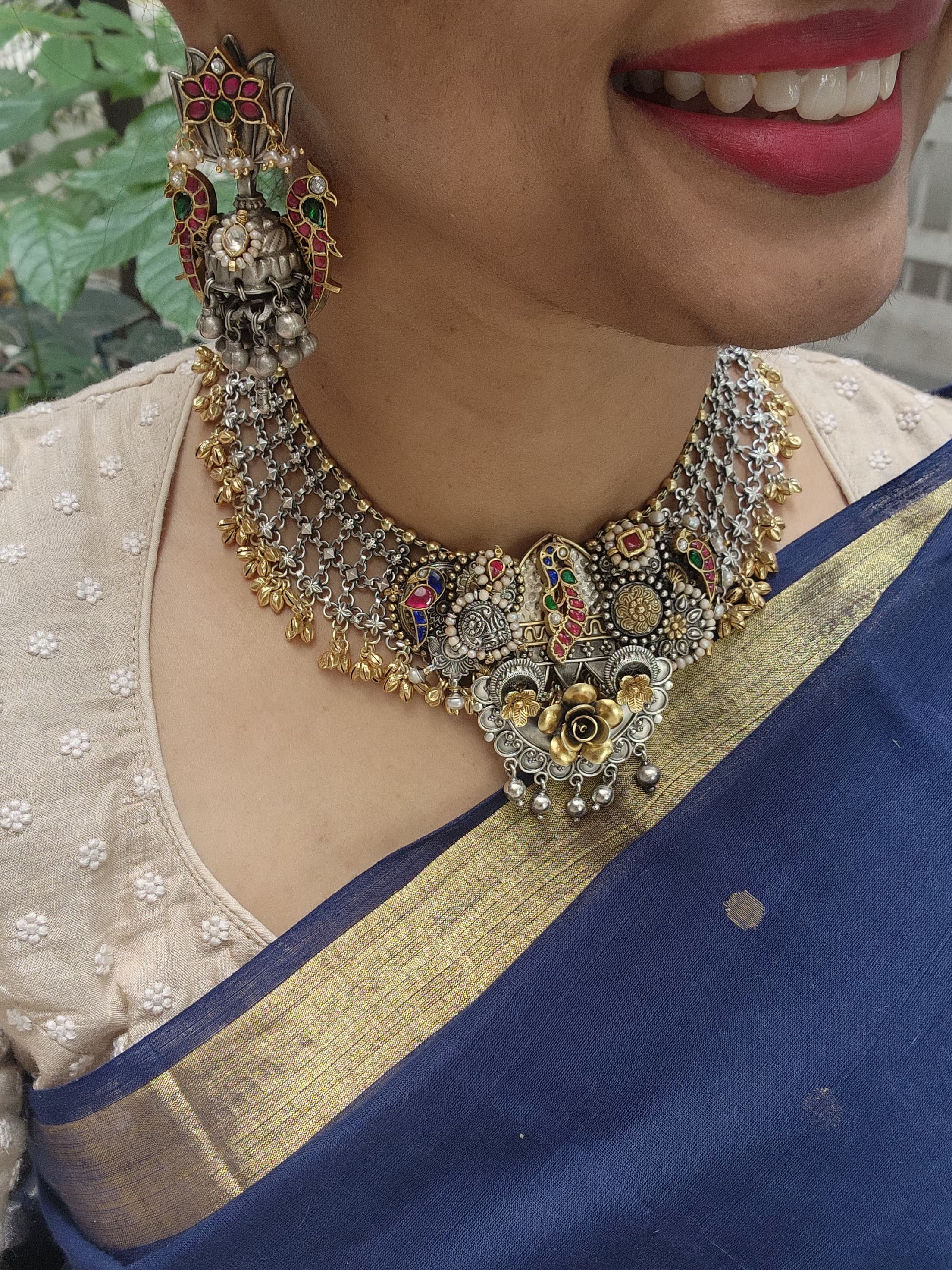 Dual tone kundan fusion necklace with kundan, ruby & emerald & pearls-Silver Neckpiece-CI-House of Taamara