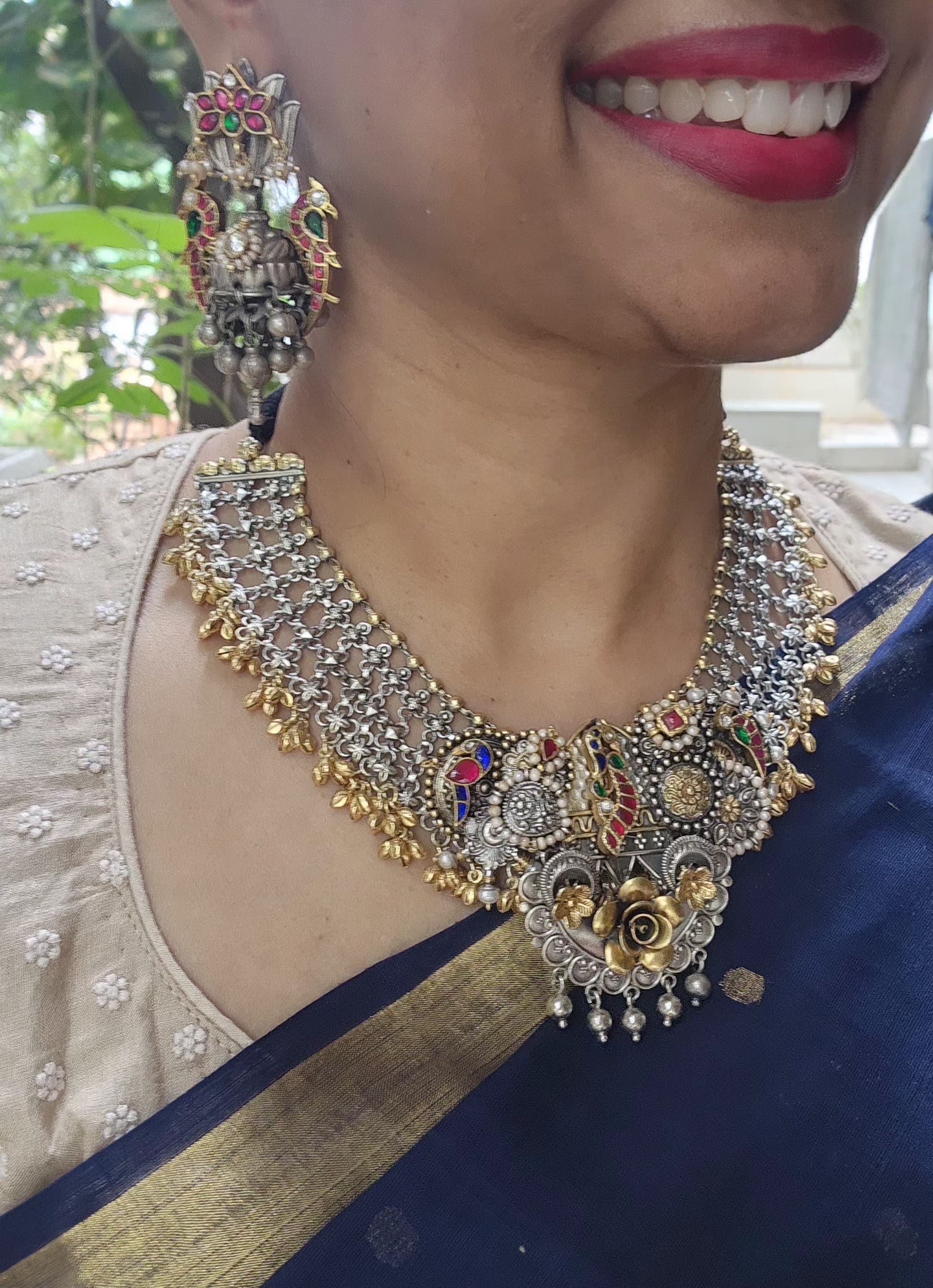 Dual tone kundan fusion necklace with kundan, ruby & emerald & pearls-Silver Neckpiece-CI-House of Taamara