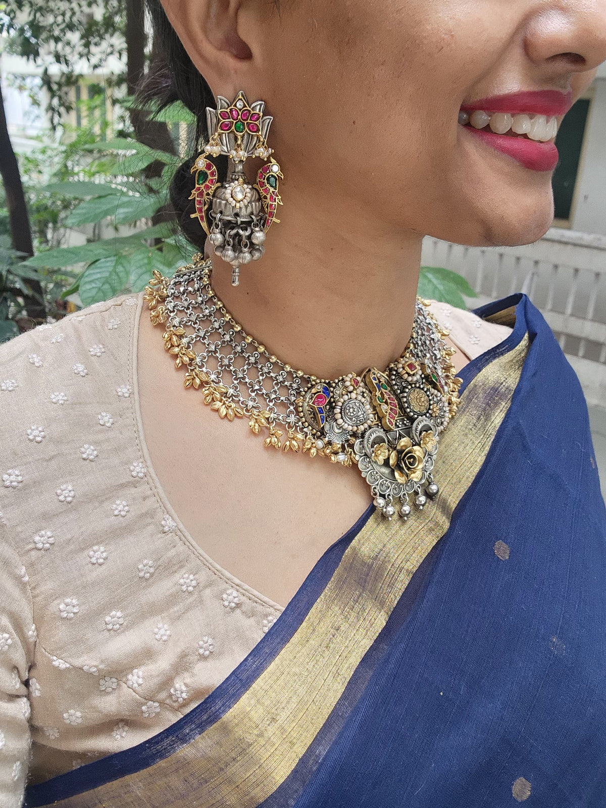 Dual tone kundan fusion necklace with kundan, ruby & emerald & pearls-Silver Neckpiece-CI-House of Taamara