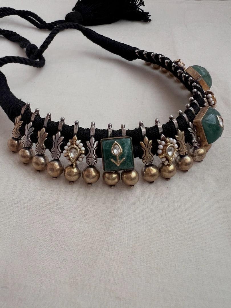 Dual tone kundan inlay work green stone black threaded necklace-Silver Neckpiece-CI-House of Taamara