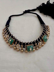 Dual tone kundan inlay work green stone black threaded necklace-Silver Neckpiece-CI-House of Taamara