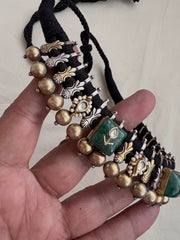 Dual tone kundan inlay work green stone black threaded necklace-Silver Neckpiece-CI-House of Taamara