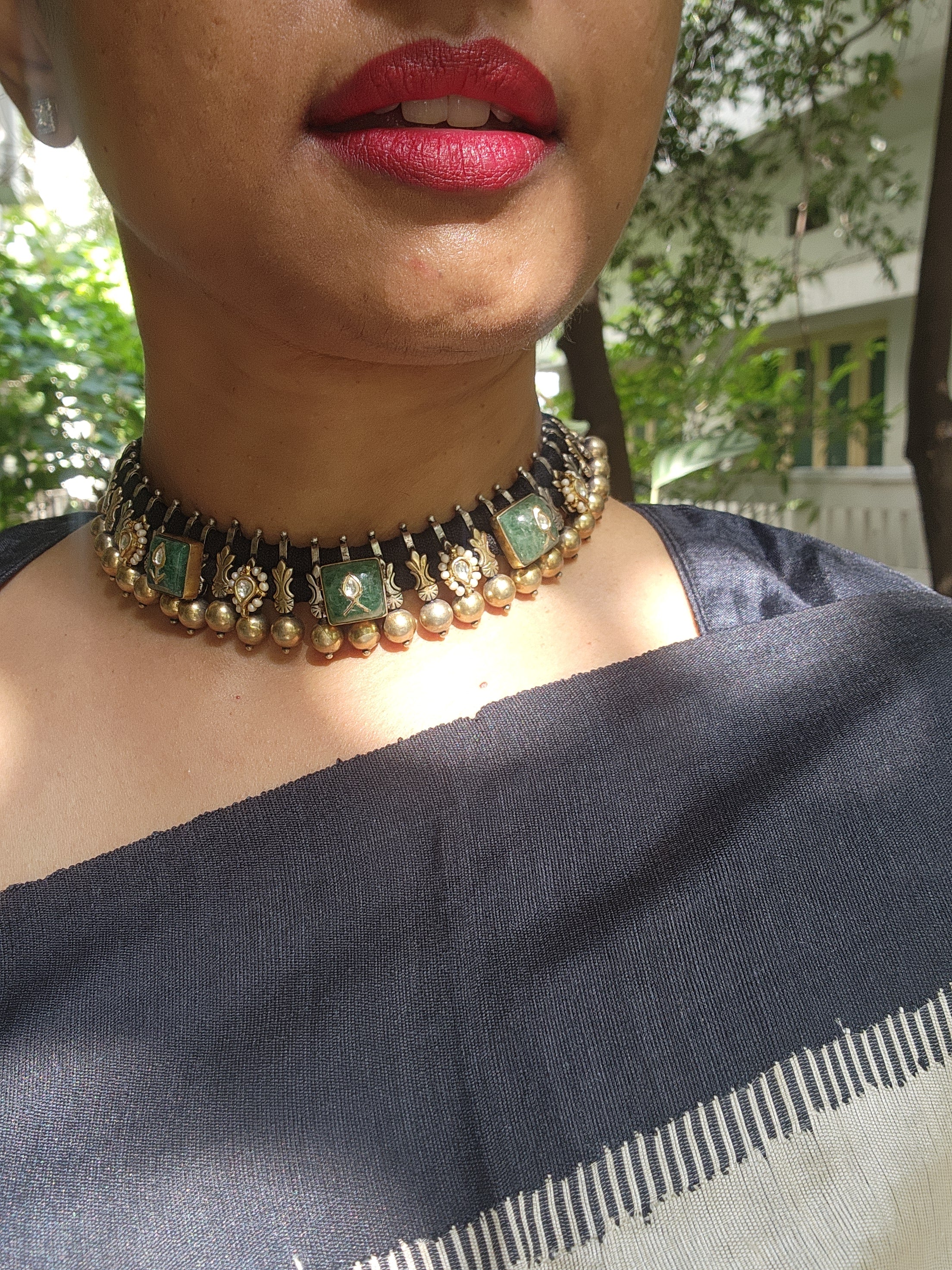 Dual tone kundan inlay work green stone black threaded necklace-Silver Neckpiece-CI-House of Taamara