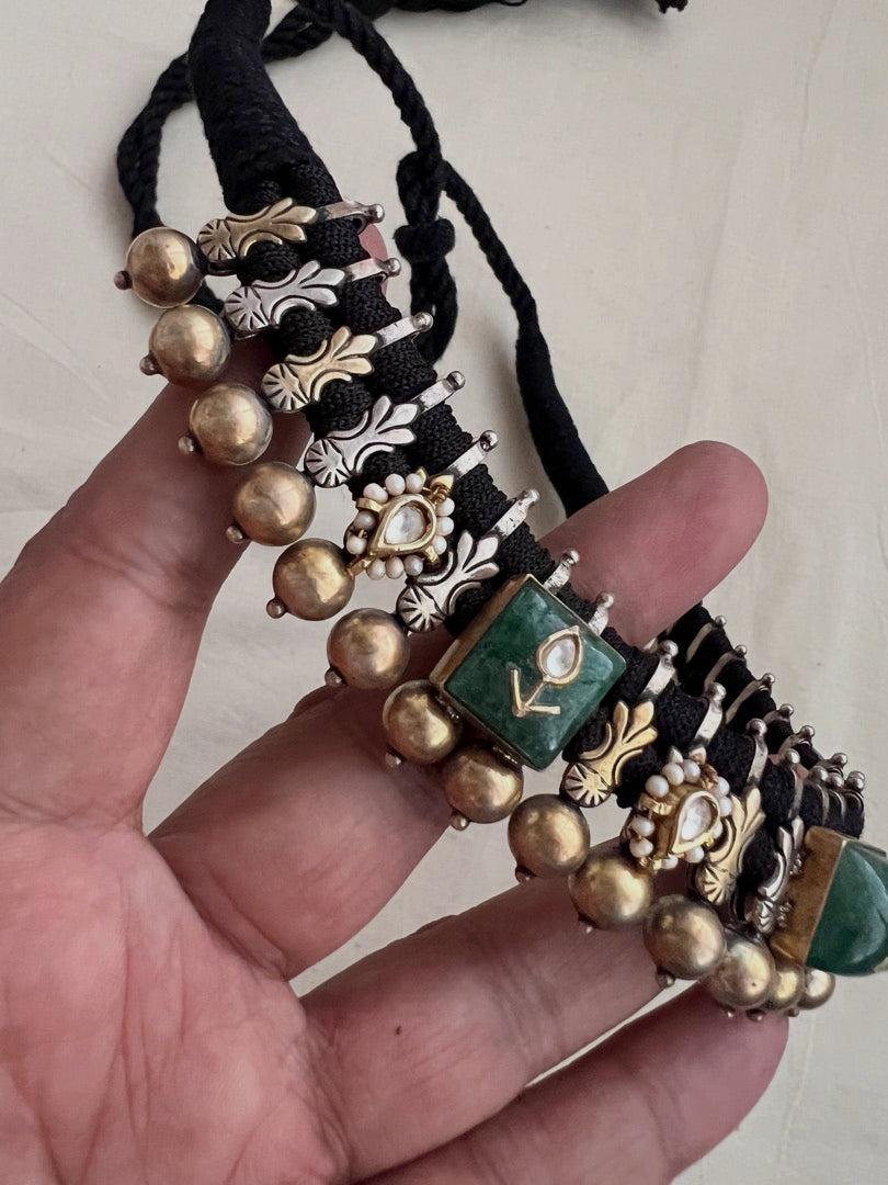 Dual tone kundan inlay work green stone black threaded necklace-Silver Neckpiece-CI-House of Taamara