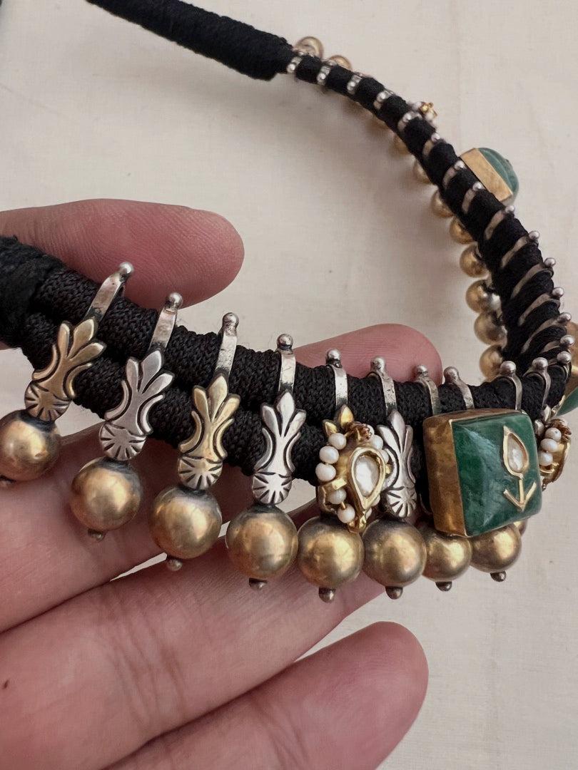 Dual tone kundan inlay work green stone black threaded necklace-Silver Neckpiece-CI-House of Taamara