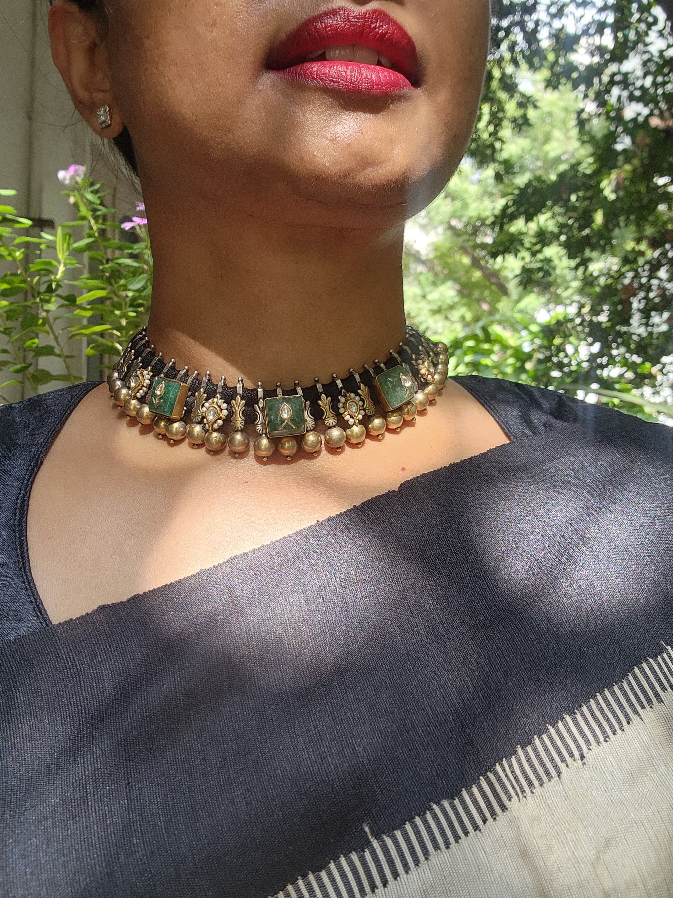 Dual tone kundan inlay work green stone black threaded necklace-Silver Neckpiece-CI-House of Taamara