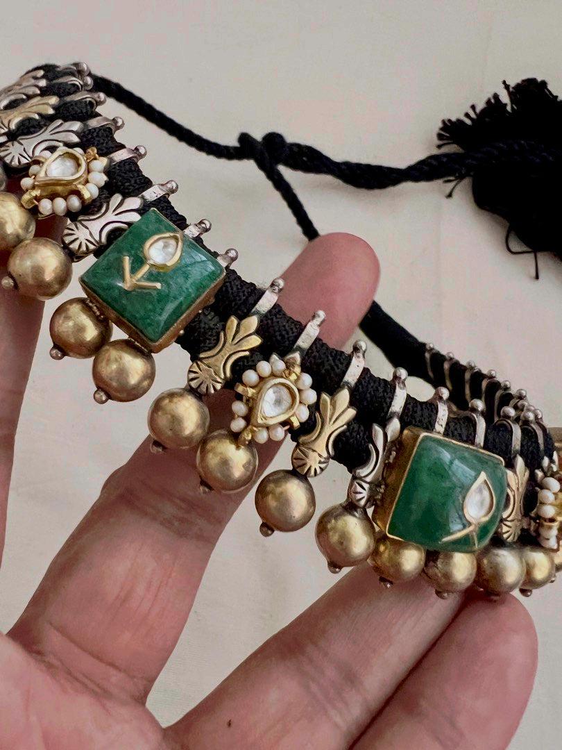 Dual tone kundan inlay work green stone black threaded necklace-Silver Neckpiece-CI-House of Taamara