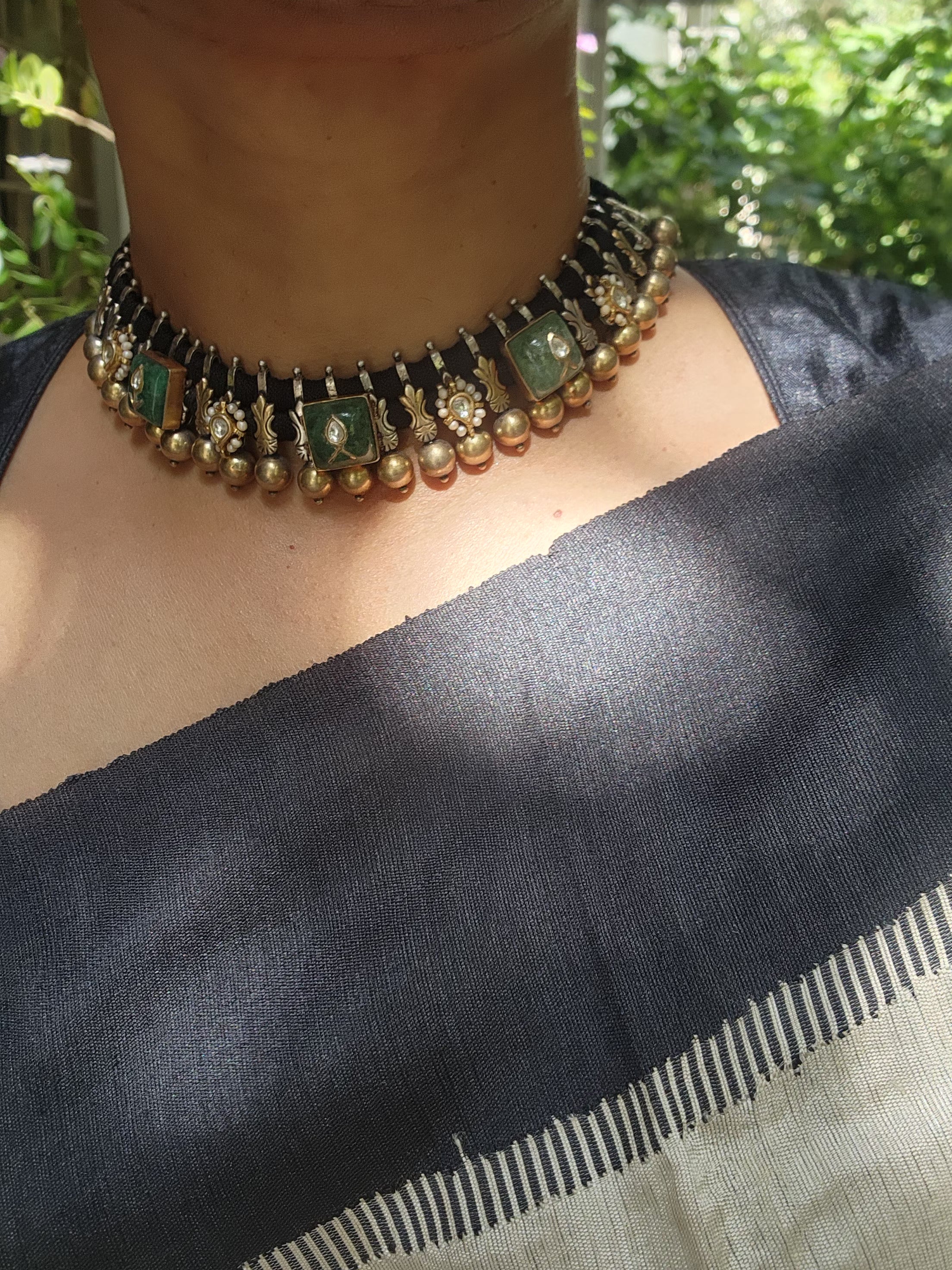 Dual tone kundan inlay work green stone black threaded necklace-Silver Neckpiece-CI-House of Taamara