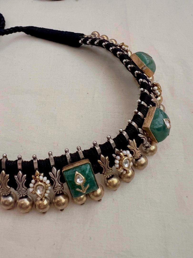 Dual tone kundan inlay work green stone black threaded necklace-Silver Neckpiece-CI-House of Taamara