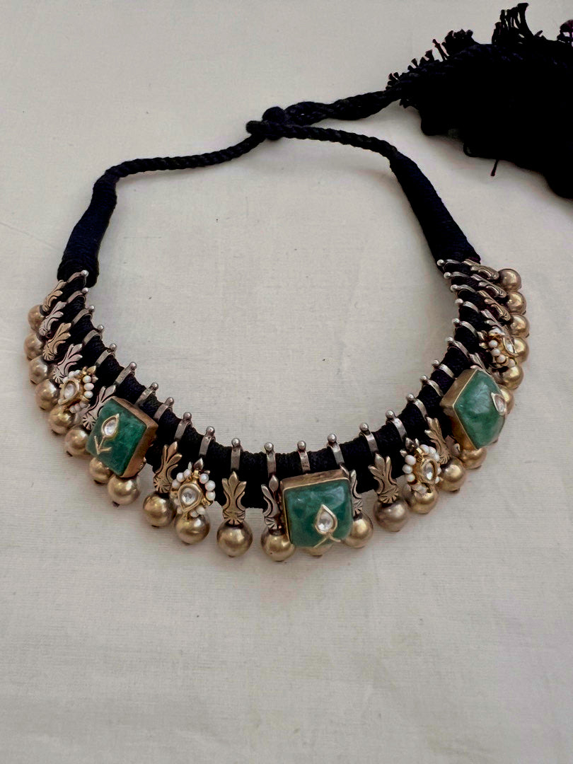 Dual tone kundan inlay work green stone black threaded necklace-Silver Neckpiece-CI-House of Taamara