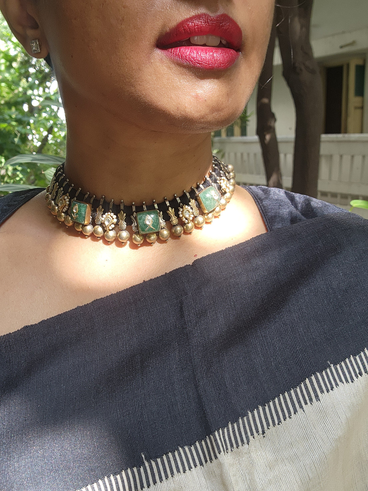 Dual tone kundan inlay work green stone black threaded necklace-Silver Neckpiece-CI-House of Taamara