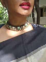 Dual tone kundan inlay work green stone black threaded necklace-Silver Neckpiece-CI-House of Taamara
